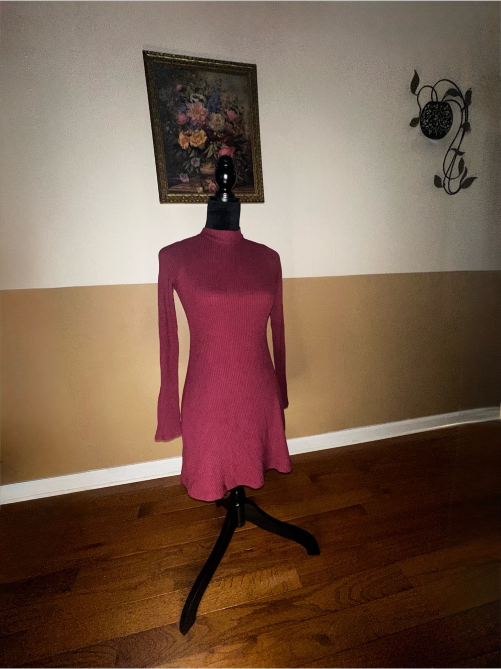 Ribbed Long-Sleeve Mini Dress in Berry